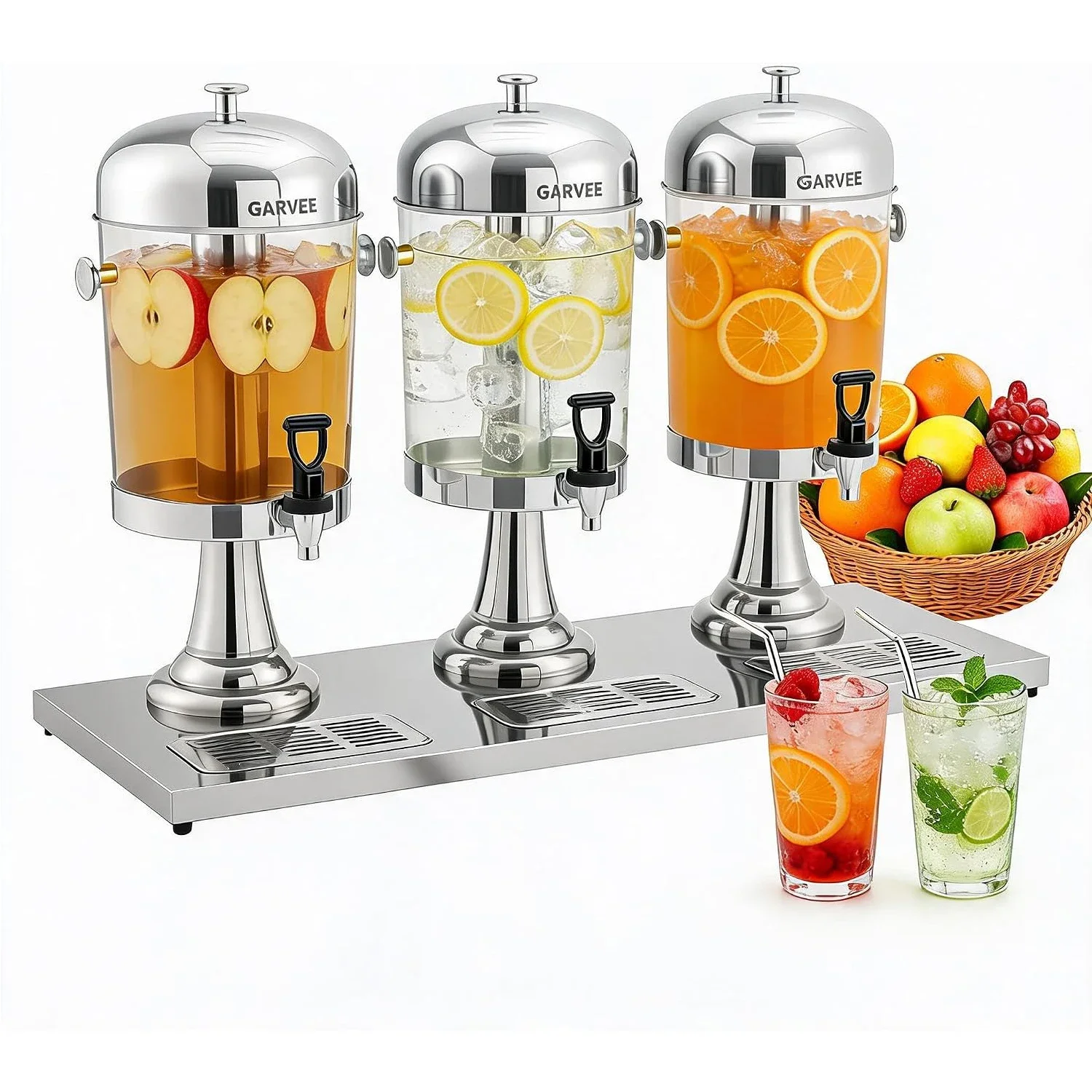 Triple Drink Dispenser 6.6Gal, 3x2.2Gal Beverage Dispenser with Ice Core Gold Stainless Steel Stand for Party Buffet