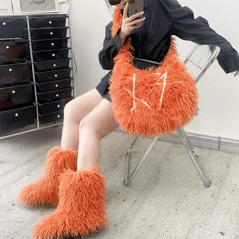 Designer Y2K Punk Chunky Plus Size Long Platform Furry Snow Boots And Tote Bag Set Knee High Fluffy Fur Boots For Women Ladies