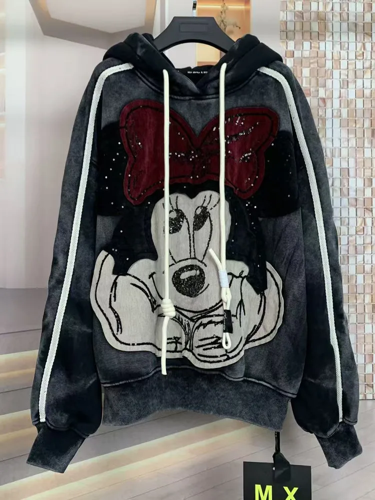 Hoodie Bordir Tebal Anti-Penuaan, Model Kartun Longgar Modis, Sweatshirt Berkerudung Tebal untuk Wanita, Musim Gugur Terbaru, Bahan Fleece, Sudaderas