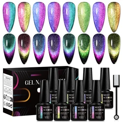 MEET ACROSS 8Pcs/Set 9D Rainbow Cat Magnetic Gel Nail Polish With Magnetic Stick And Box Soak Off Nail Art Gel Varnish Manicure