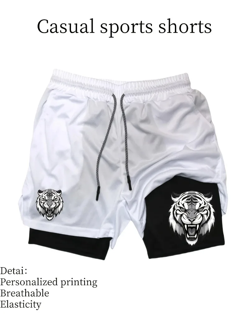 شورت رياضي رجالي سريع الجفاف شورت شبكي يسمح بالتهوية مع تصميم طباعة النمر في صالة الألعاب الرياضية برباط مطاطي وحزام خصر للتمرين