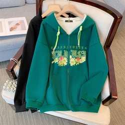 Sudadera con capucha holgada y cómoda para mujer, talla grande, Otoño/Invierno, ocio, viaje, estampado negro y verde, cremallera con capucha, top de manga larga grande