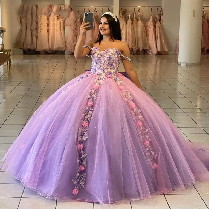 

Роскошные платья для девушек Lilac 16 Quinceanera с аппликацией бусинами и открытыми плечами с цветами Vestidos 15 De Noche