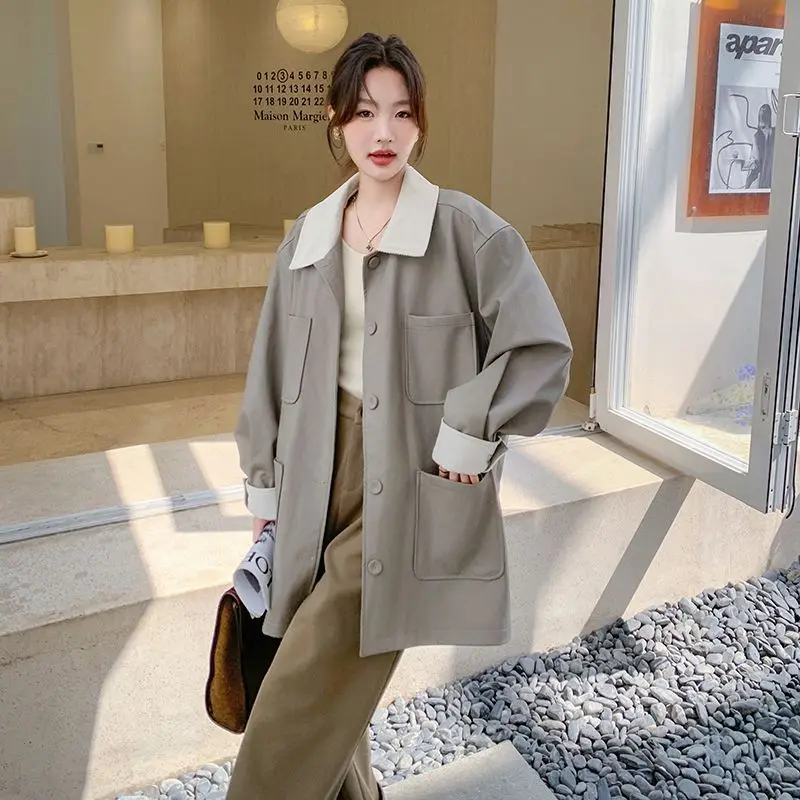 SuperAen French Style Corduroy Patchwork Contrast Color Leather Trench Coat Women Autumn 2025 New Loose Casual Coat