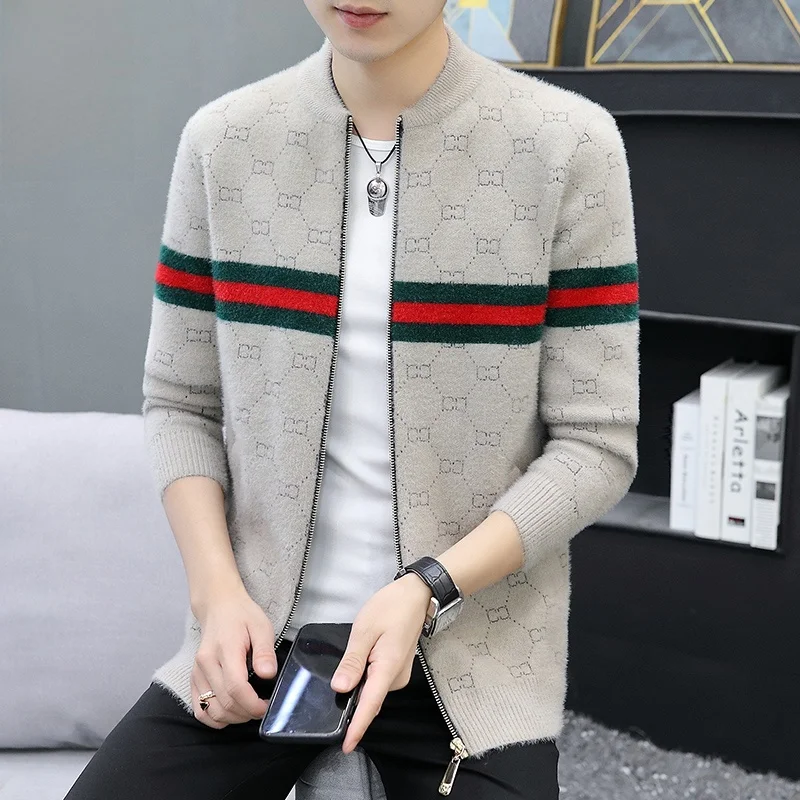 

Мужской модный кардиган из норкового бархата с воротником-стойкой, вязаная верхняя одежда для зимы, повседневный стиль, средней толщины