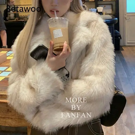Notched Lapel Cropped Faux Fox Fur Coat Soft Fluffy Short Winter Furry Outerwear for Women
