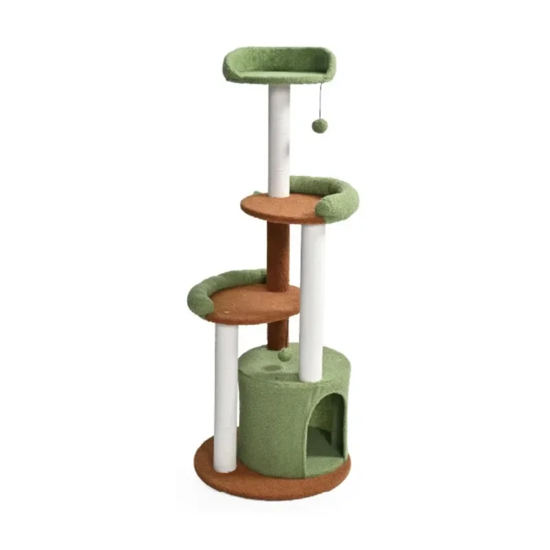 Heavy-duty cat tree with strong cotton rope covering pillars, suitable for indoor scraping and hanging out of large breeds of