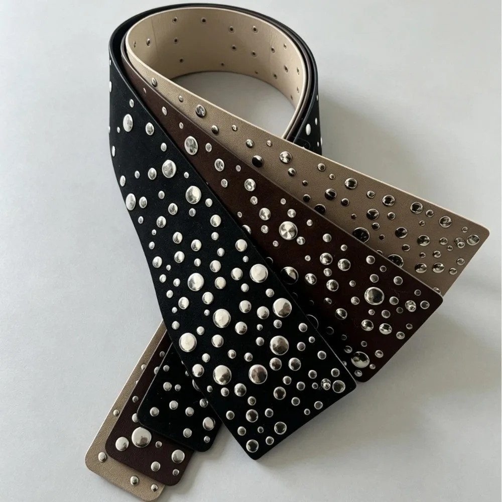Fashion PU Leather Rivets Extra Wide Belt Punk Exaggerated Studded Wide Waistband Gothic Versatile Spice Girls Belt Festival