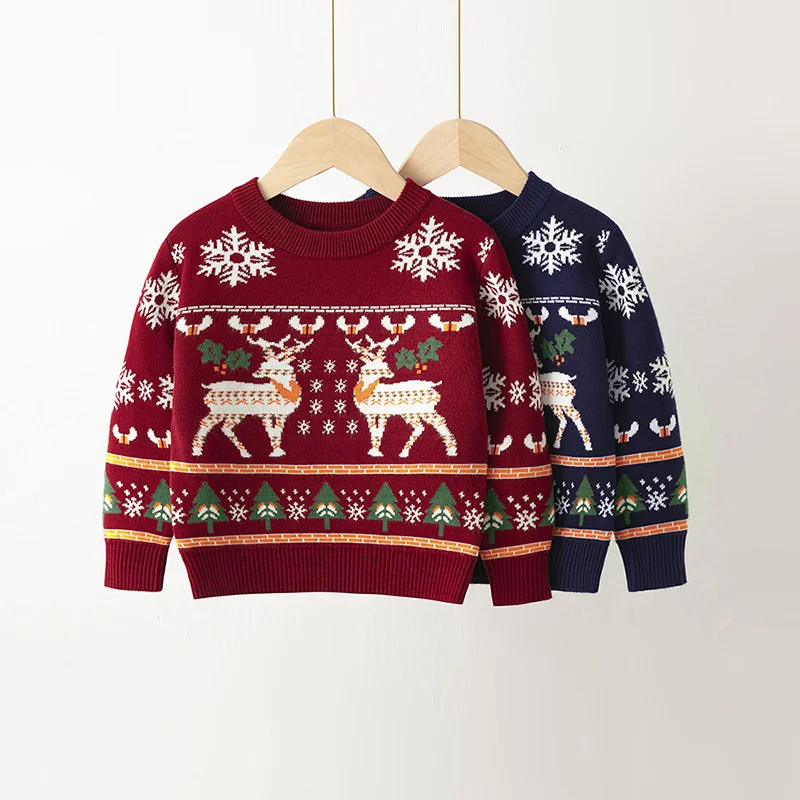 Christmas Boys Girls Sweater 2-6Y Kids Cartoon Deer Knitted Jumper Children Autumn Winter Pullover Children Xmas Warm Coats