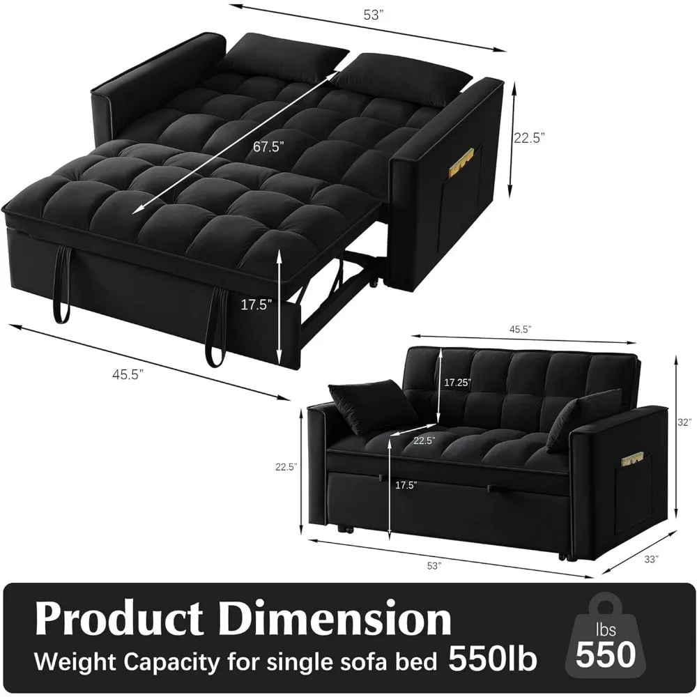 3 in 1 Sleeper Sofa Couch Bed, Velvet Convertible Sofa Bed with Armrests, Storage Pockets & 2 Pillows for Living Room Apartment