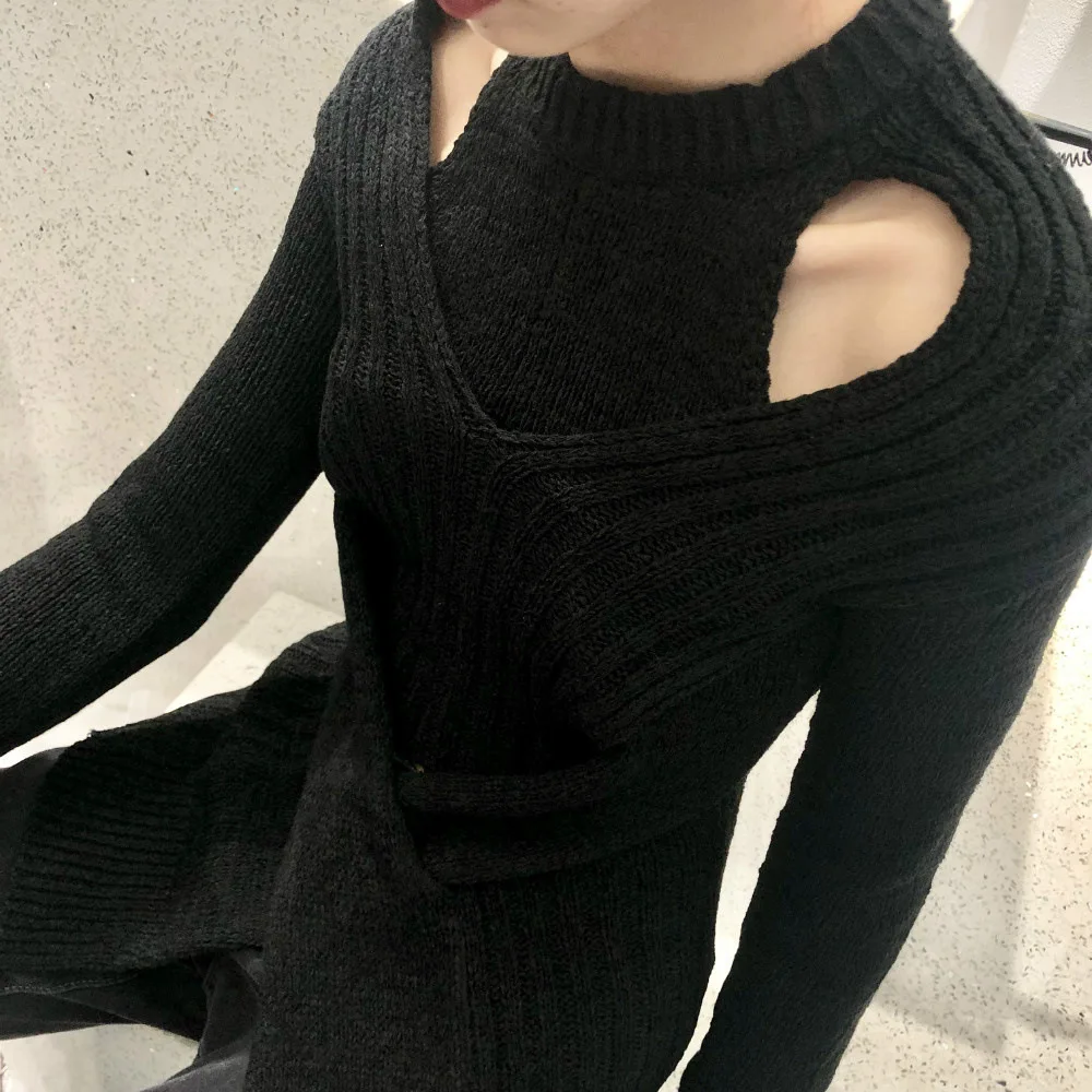 Women Sweater Elastic Knitting Irregular Autumn and Winter Loose Shirt Long Sleeve Round Neck Top for Women Sexy Hollow Coat