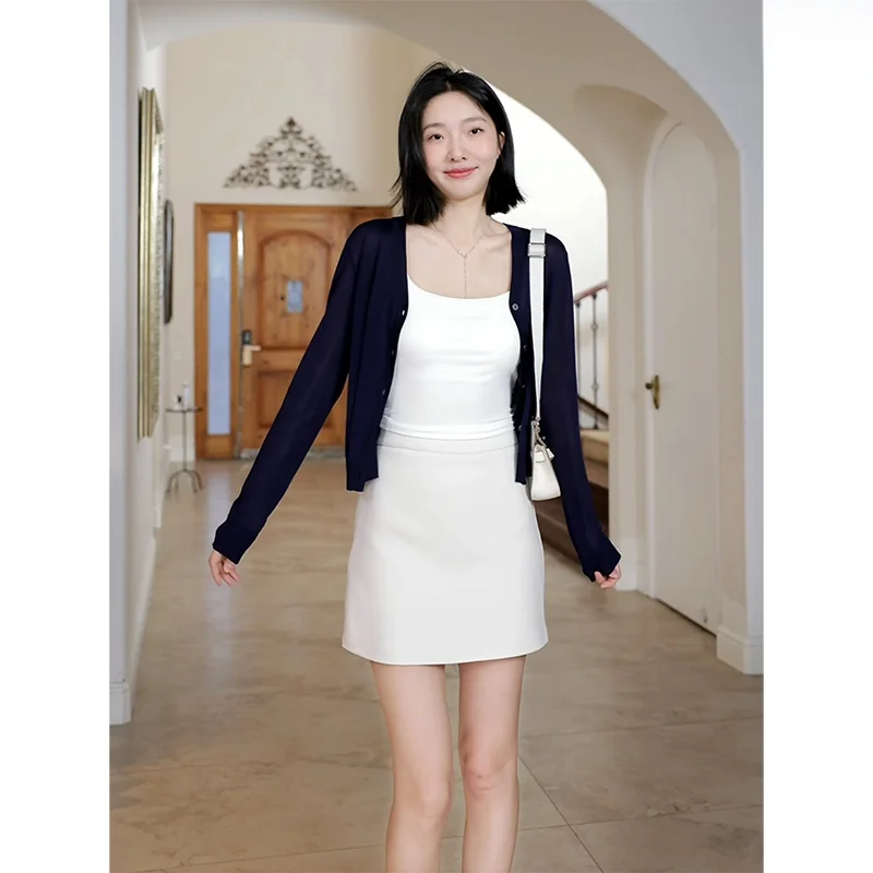 

Co99 Women's Slim Fit Knitted Open Cardigan Lightweight Breathable A-Line Skirt Set Spring Faion Casual Wear Long Sve