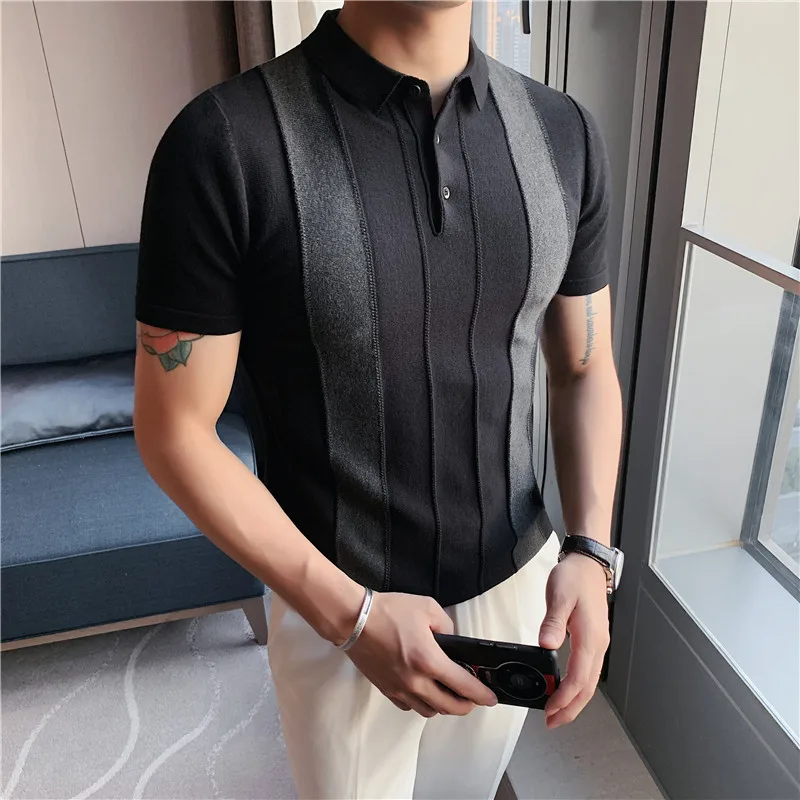 Vintage Pattern Patchwork Knit POLO Shirt Men Summer Fashion Men Short Sleeve Slim POLO Shirt Casual Button Lapel Pullover