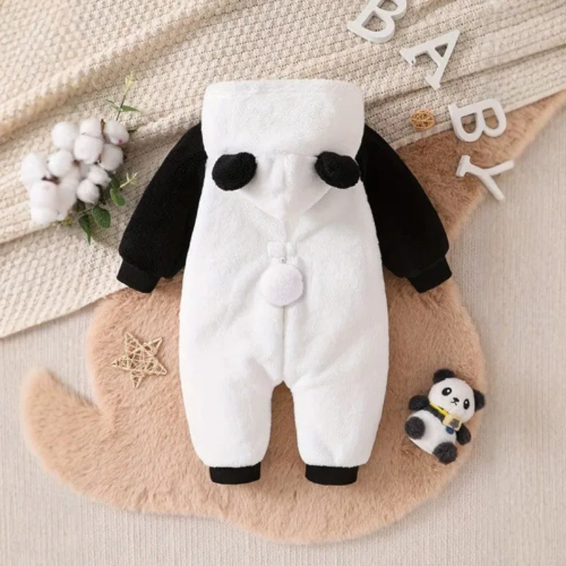 Newborn Baby Panda Romper Plush Fleece Hooded Jumpsuit with Cute Face Ears and Zipper Warm Winter Outfit for Infant 0 24M