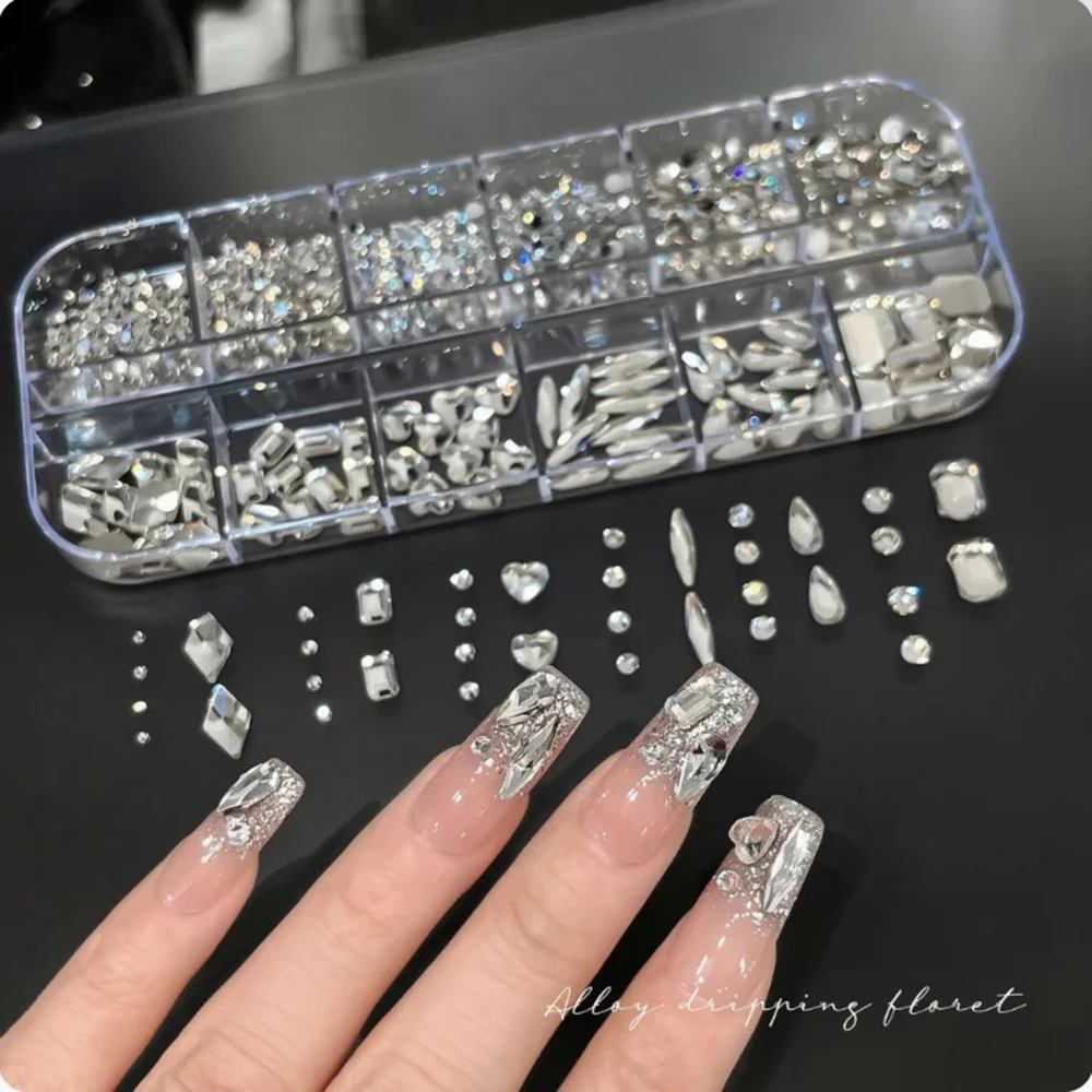 12‑Grids Clear Crystal Nail Rhinestones Mixed‑Shape Glass Gems with Pointed Flat Bottom Shiny Multi‑Size Diamond Manicure Charms