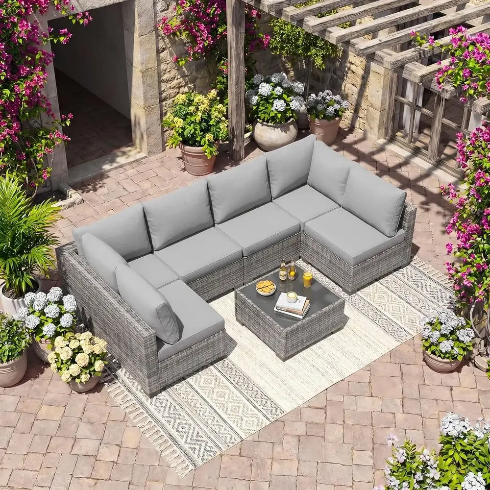 

7-Piece Outdoor Patio urniture Set, All-Weather Wicker Rattan Sectional Soa with Thick Cushions & Glass Table, ular Patio Contio