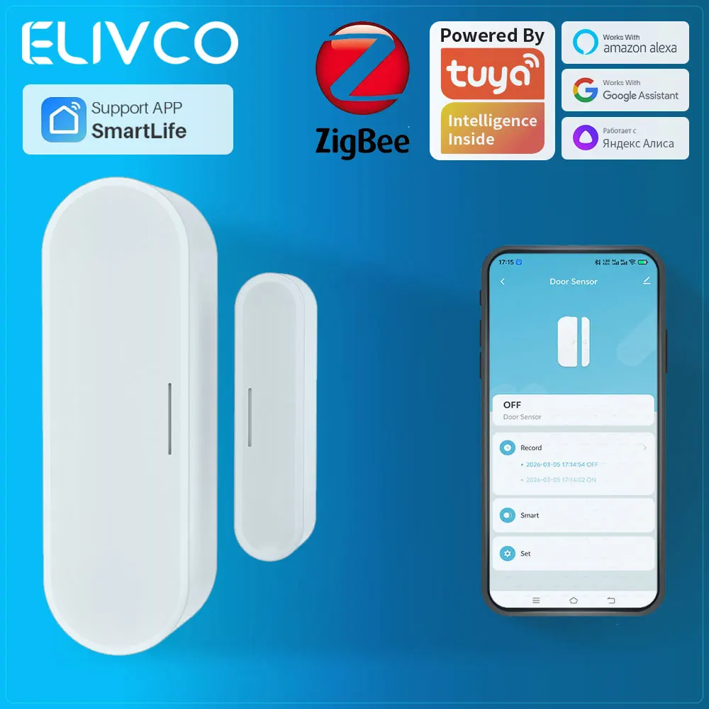 

Датчик открытия двери Tuya Zigbee с питанием от USB, умный датчик безопасности для дверей и окон, совместим с Alexa и Google Home.