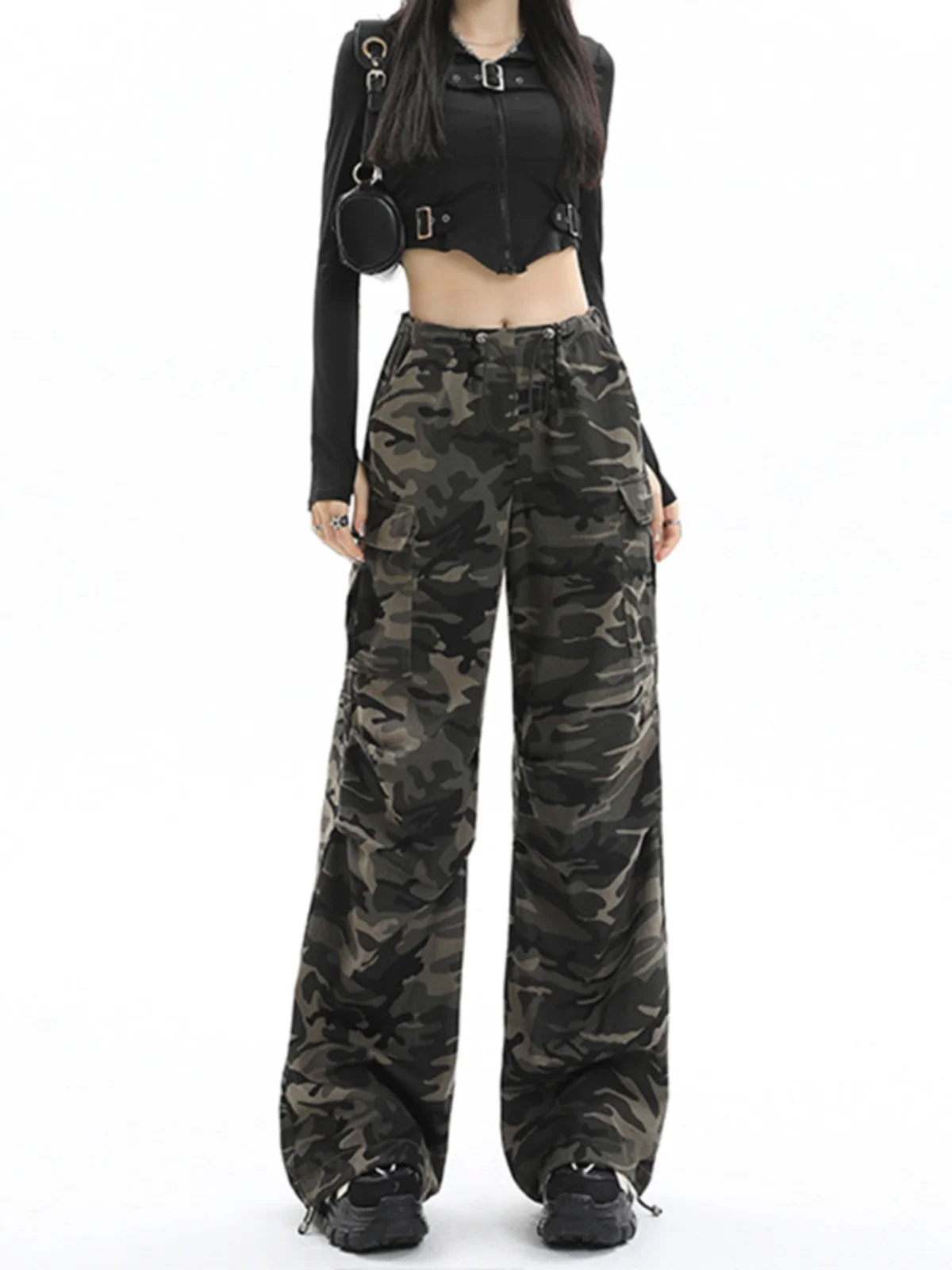 American Drawstring Sweatpants vintage High Street Camouflage Overalls Women Summer Loose Casual Straight Sports Wide-Leg Pants