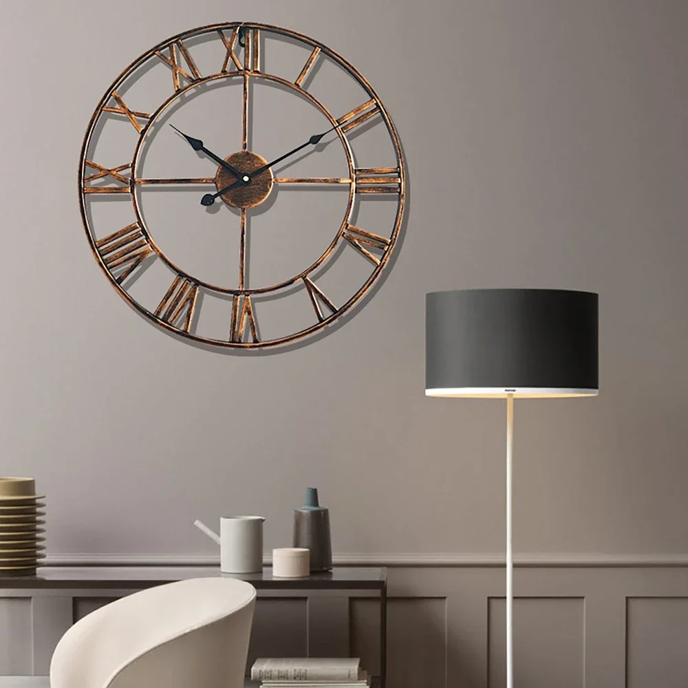 40/47/60cm Morden 3D Large Retro Golden/Black Iron Round Art Hollow Metal Wall Clock Nordic Roman Numerals Clock Home Decoration