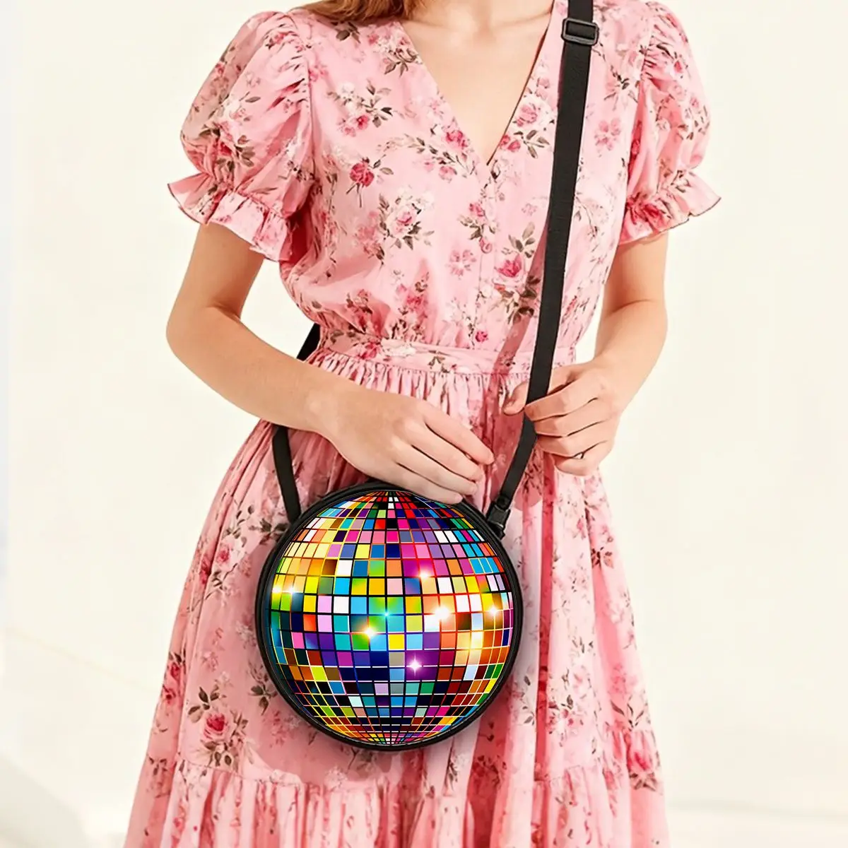 Bunte Disco-Kugel-Umhängetasche, runde Umhängetasche, lässige Messenger-Tasche, tägliche Umhängetasche mit verstellbarem Riemen für Damen, beste Geschenke, 2D-Flach – Detail 5
