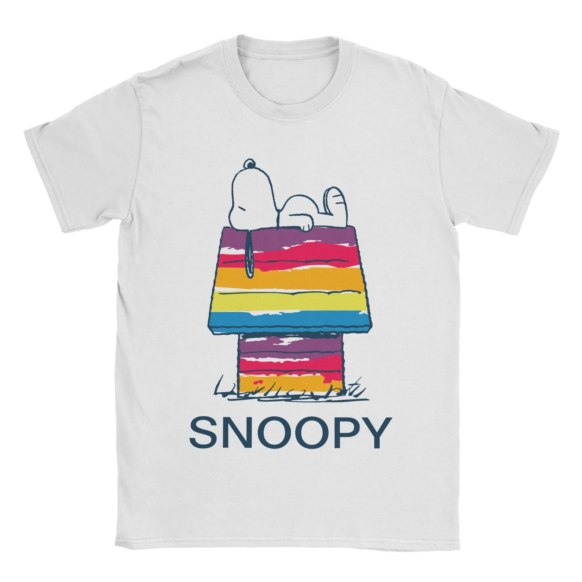 Camiseta Kawaii Peanuts Snoopy Rainbow Dog House para hombre, ropa de manga corta con cuello redondo, camiseta de verano 100% algodón