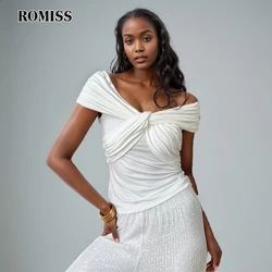 ROMISS Solid Casual Patchwork Folds T Shirts For Women Slash Neck Sleeveless Minimalist Slimming T Shirt Female Fashion