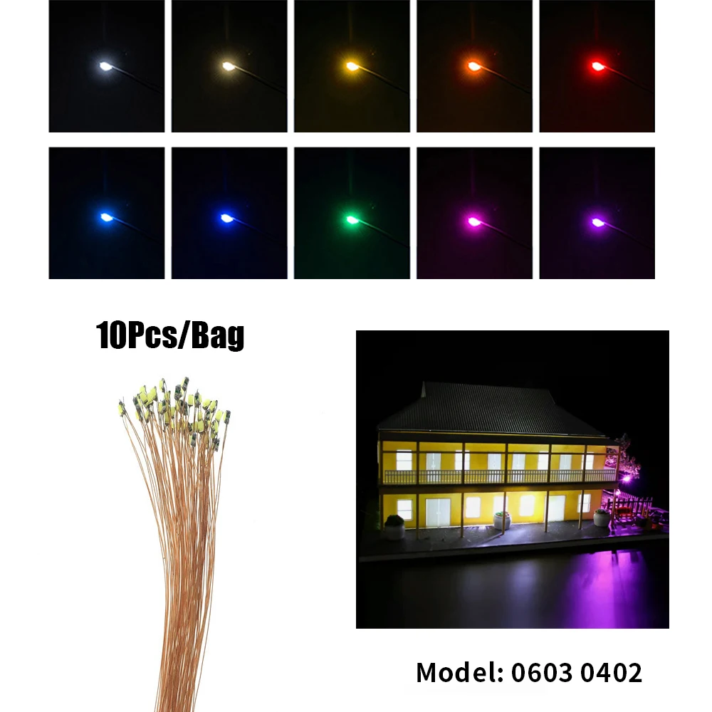 10Pcs/bag DIY 0402 0603 Micro SMD Led Lamp Light Pre-wired Micro Litz Wired Chip 20cm 3V Railway Scenes Model Building Kits Toy