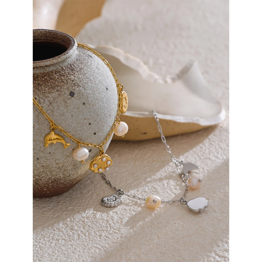 Yhpup Ocean Style Stainless Steel Shell Conch Dolphin Pearls Drop Charm Anklet Fashion Exquisite Jewelry Bijoux Femme