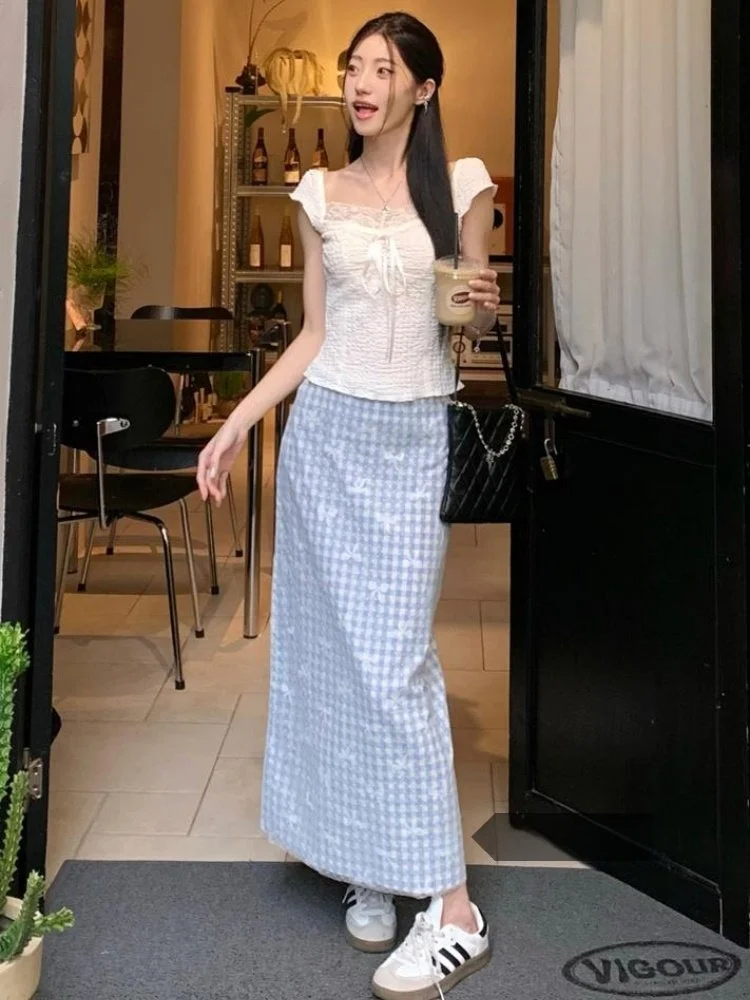 

Утягивающая синяя клетчатая кружевная юбка V-Ne ort Sve Взящий комплект из топа и юбки Женская деловая повседневная одежда из полиэстера