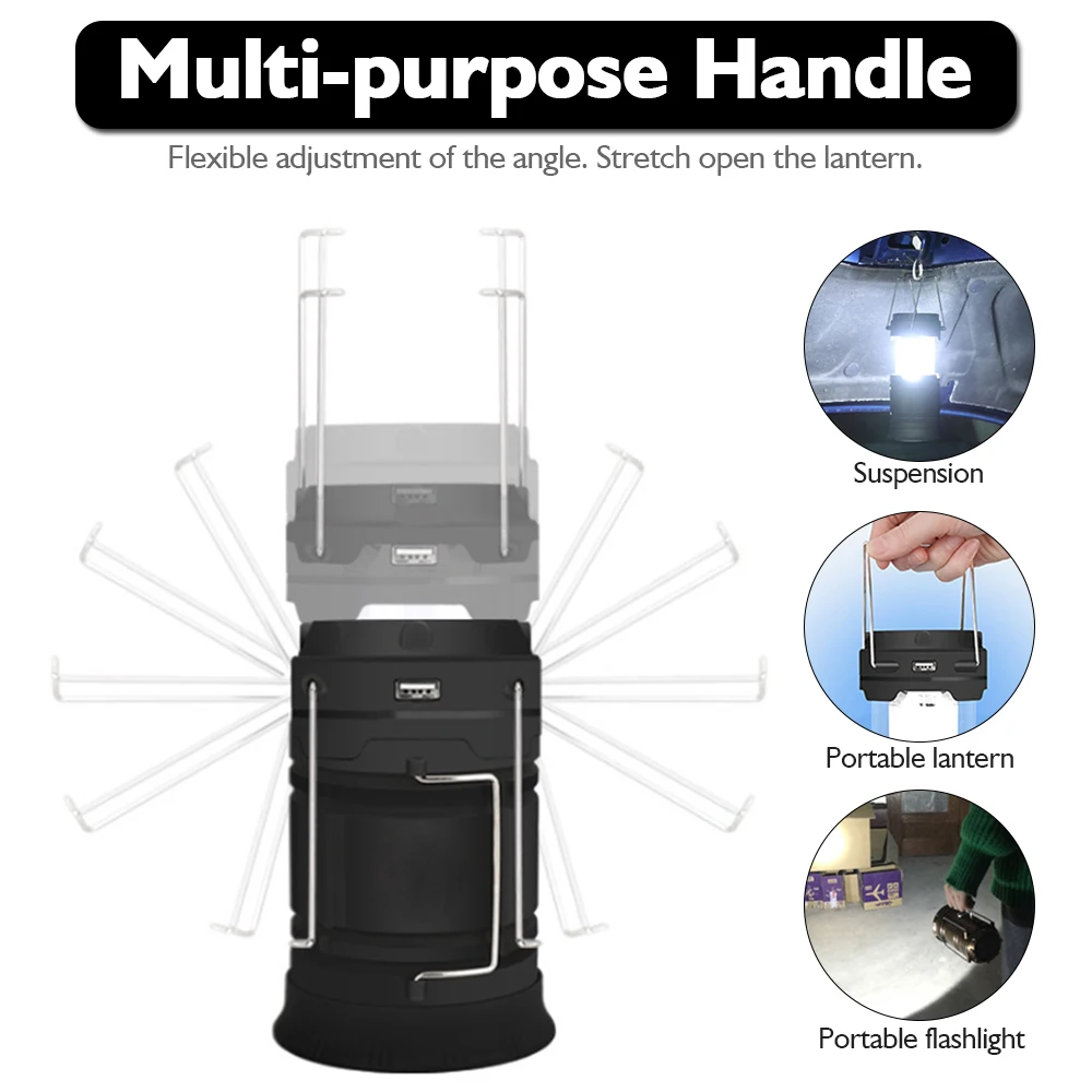 USB recarregável campismo lâmpada, ao ar livre tenda luz, lanterna, energia solar, lâmpada dobrável, lanterna, tocha de emergência