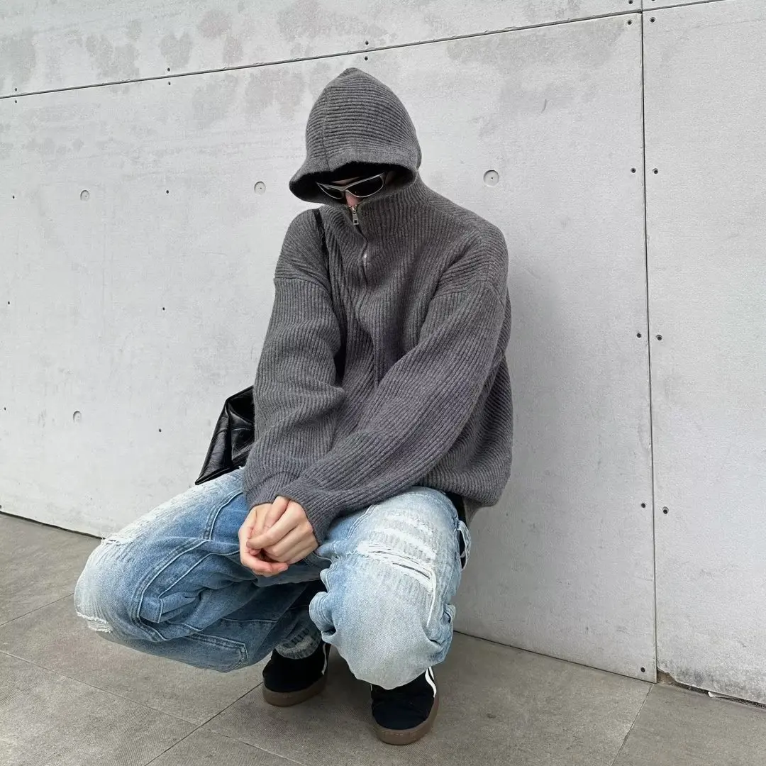 

Loose Fit f High Collar Zipper Knitted Sweater Men's Sle Korean Lazy Sle Autumn Winter Large Size 250 Pou Vintage L...