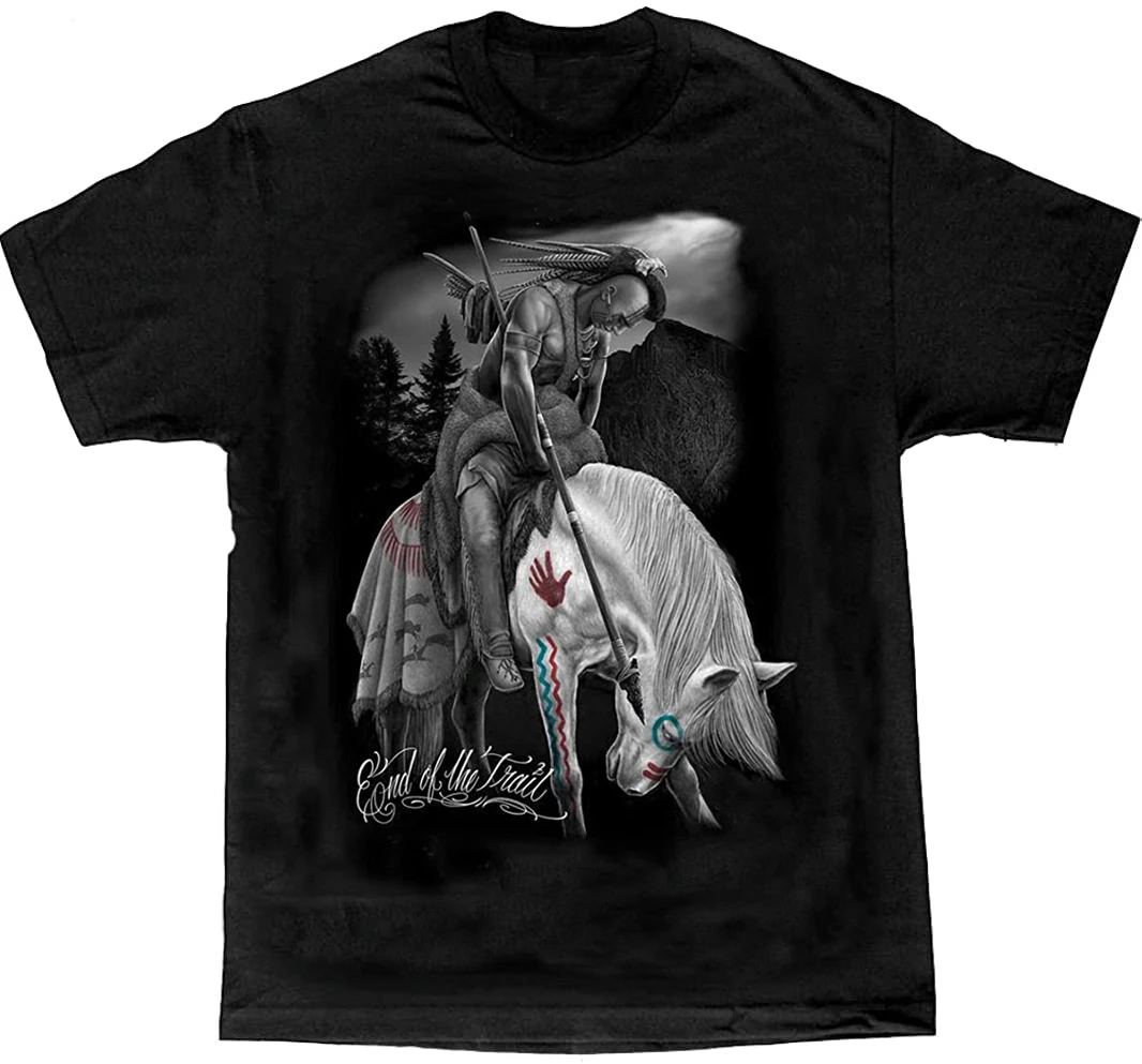 End of The Trail. Amrica Indian Warrior Illustration Art T Shirt. New 100% Cotton Short Sleeve O-Neck T-shirt Casual Mens Top