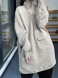 Short Retro Lazy Style Winter Quilted Dress For Women's Casual Loose Size Cotton Padded Thickened High Neck Dress Z4477