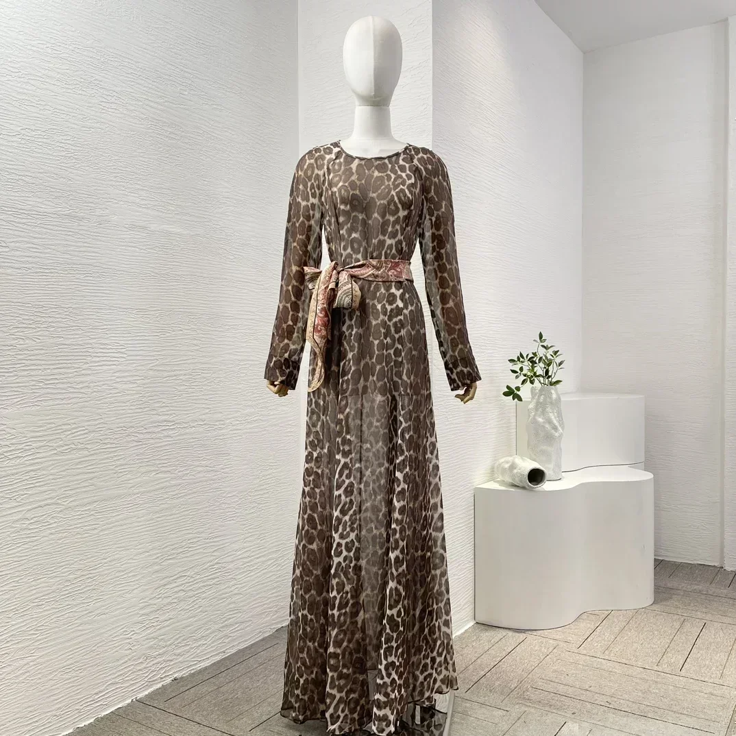 2024 Classic Leopard Print Long Sleeve High Quality Crew Neckline Removable Scarf Belt Women Maxi Dress