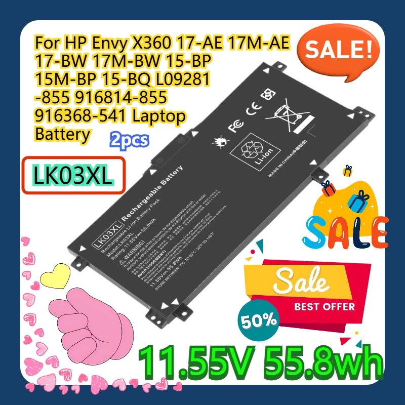 

For HP Envy X360 17-AE 17M-AE 17-BW 17M-BW 15-BP 15M-BP 15-BQ L09281-855 916814-855 916368-541 Laptop Battery LK03XL 2pcs