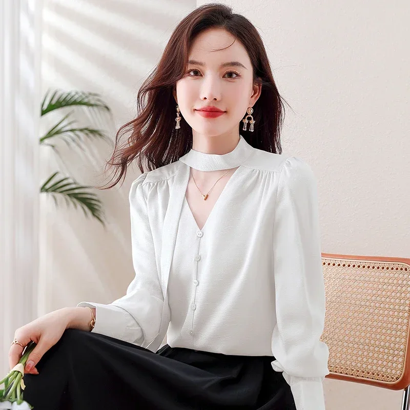 New Autumn Long Sleeve V-Neck Women Blouse Casual Lace-up White Chiffon Blouse Shirt Women Tops Blusas Mujer De Moda 2024 A576