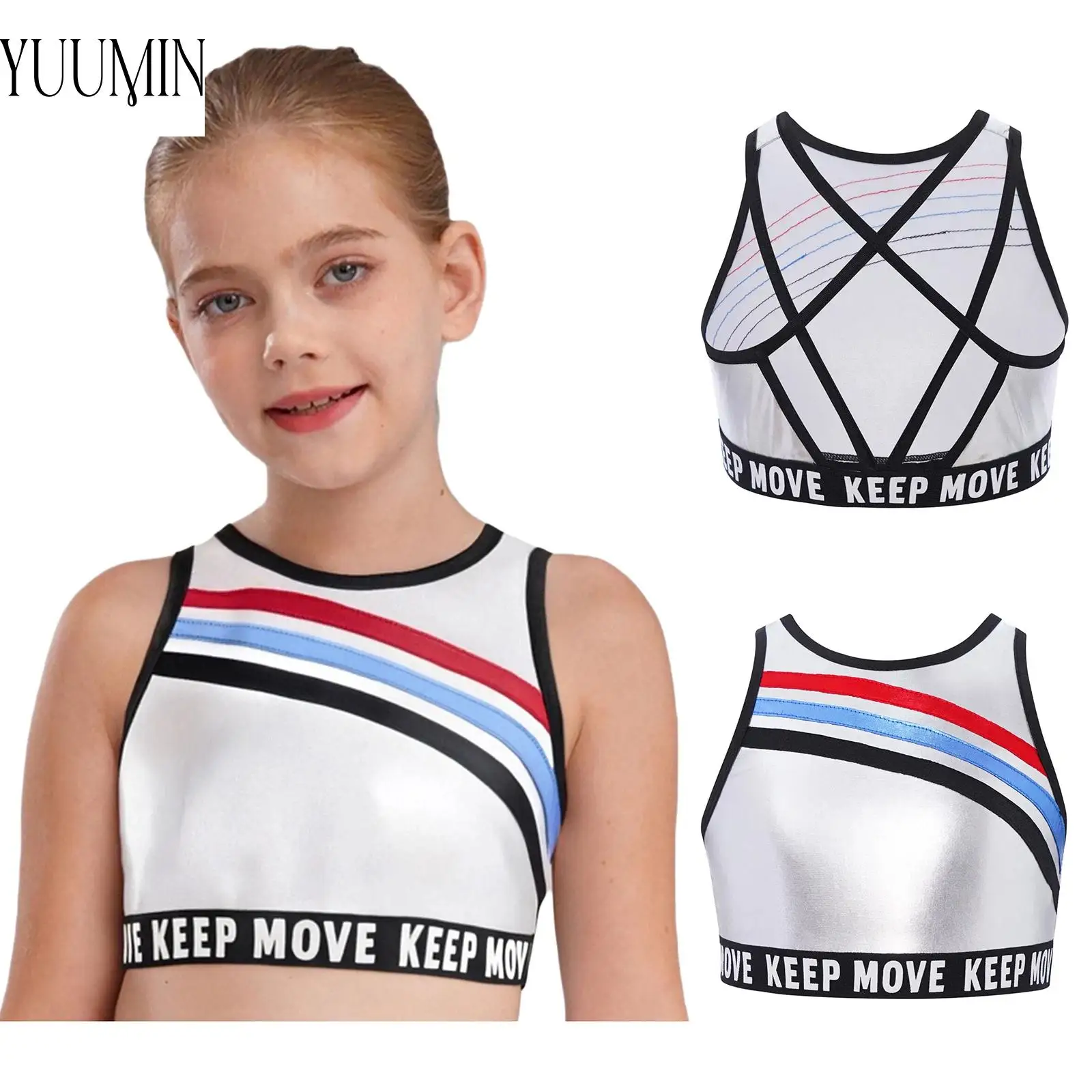 

Girls Dance Party Performance Tops Kids Yoga Gym Fitness Clothing Strappy Back Hem Contrast Color Stripes Metallic Crop Top Vest