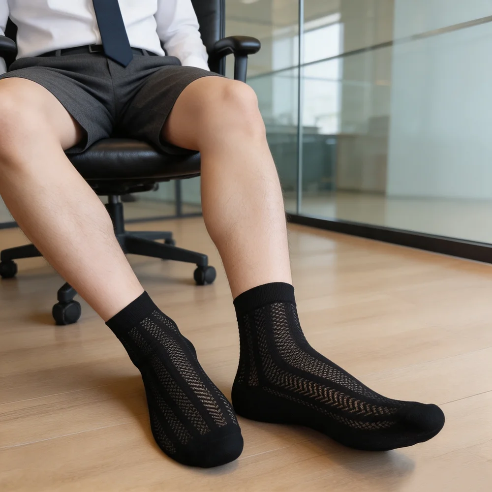 Men's Breathable Mesh Business Dress Socks Lightweight Hollow Out Short Crew Socks Office Work Suit Casual Wear Black Navy