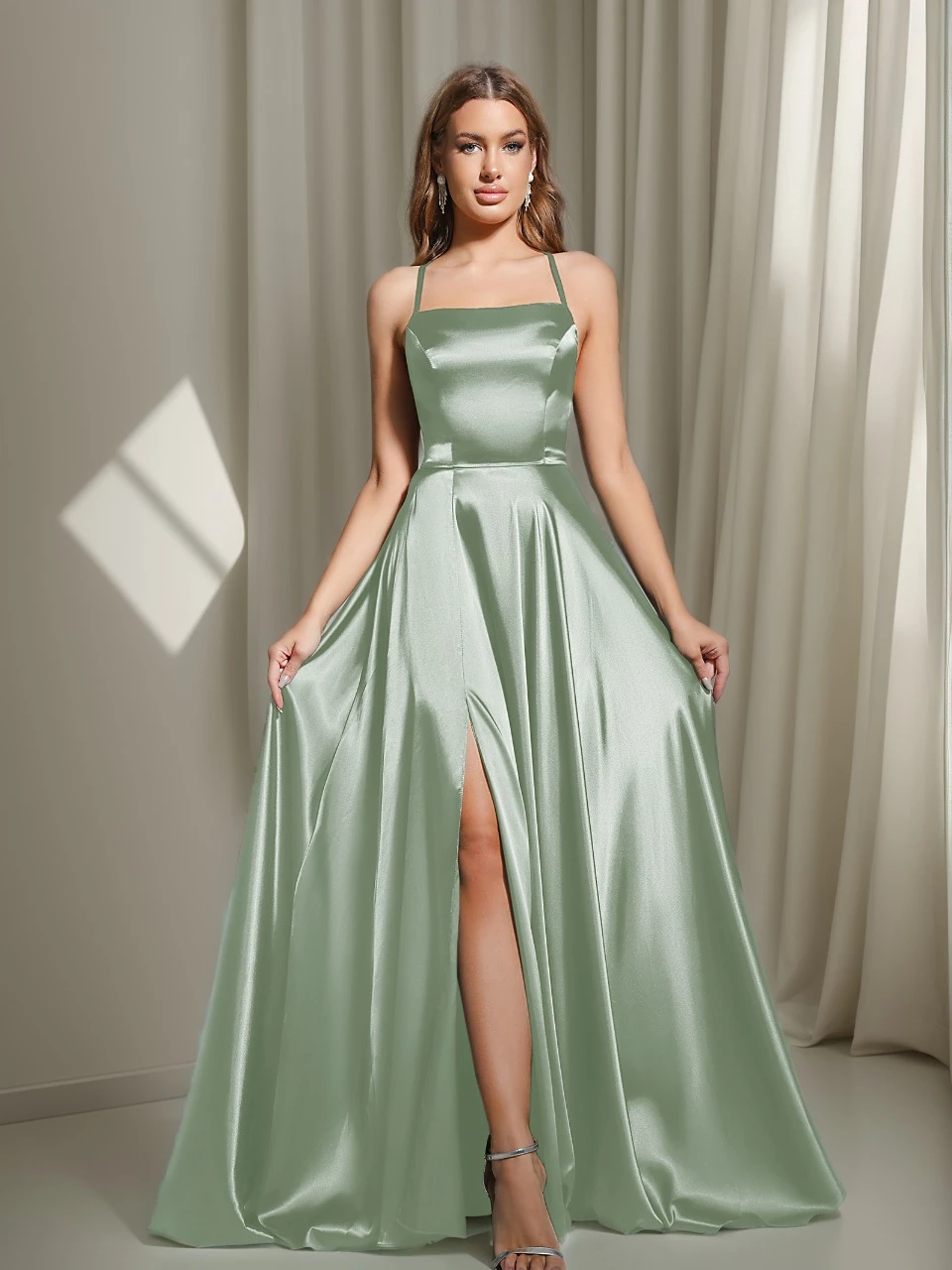 

BABYONLINE A-Line Sling Bridesmaid Dresses Sexy Thin Strap Square Neck Lace-up Backless Long Dress Satin High Split Train Gowns