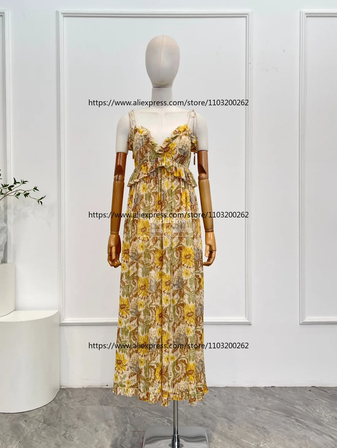 

2026 New Yellow Floral Day Light Floral Print Sleeveless Ruffles Edge Jumpsuit for Women