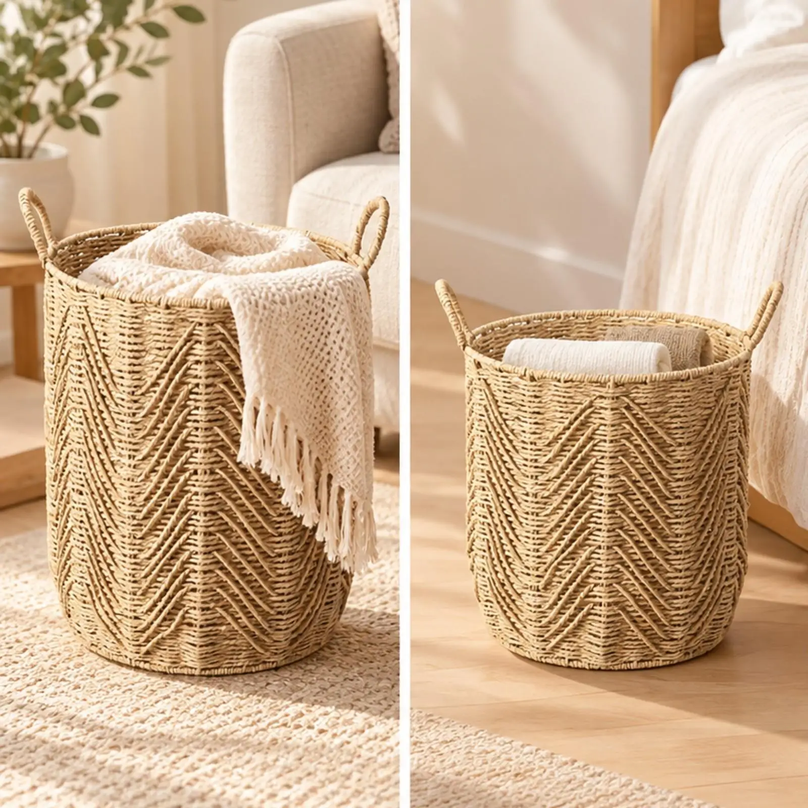 Paper Rope Woven Laundry Basket with Reinforced Metal Frame Open Top Design for Bathroom and Closet Use