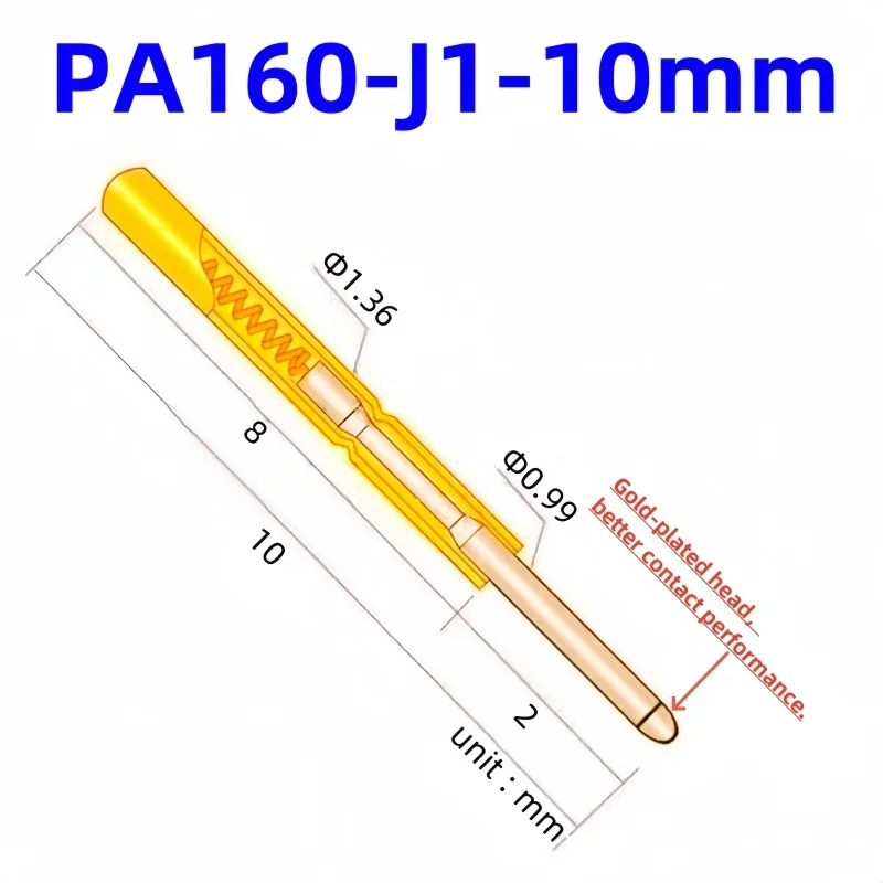 

20/100PCS PA160-J1 Spring Test Probe PA160-J Test Pin P160-J P160-J1 Test Tool 10mm 1.36mm Needle Gold Tip Dia 0.99mm Pogo Pin