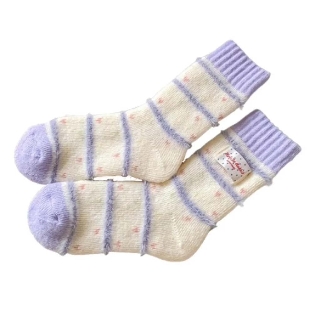 

Korean Candy Color Women's Socks Absorb Sweat Striped Mid Tube Socks Cozy Thicken Warm Sleep Socks Daily Use
