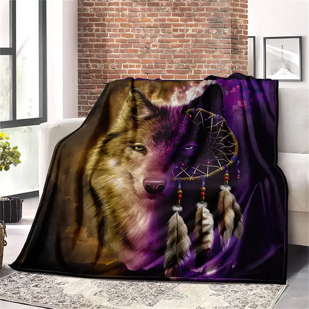 

Native Purple Blanket,Wolf Feather print Fannel Blanket,Soft Warm Throw Blanket Nap Blanket For Couch Sofa Office Bed Camping