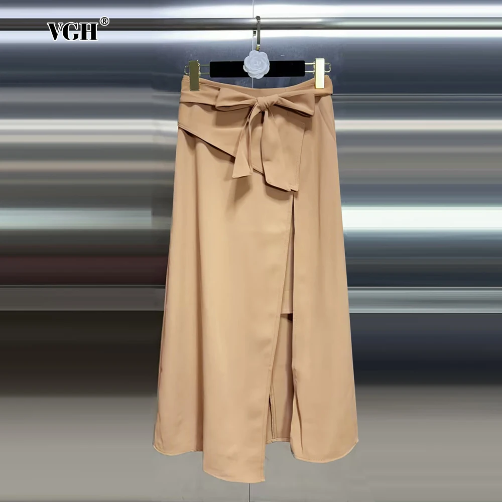 

VGH Minimalist Asymmetrical Split Midi Skirts for Women High Waist Patchwork Lace Up Solid A Line Skirt Female Fashion Clothes