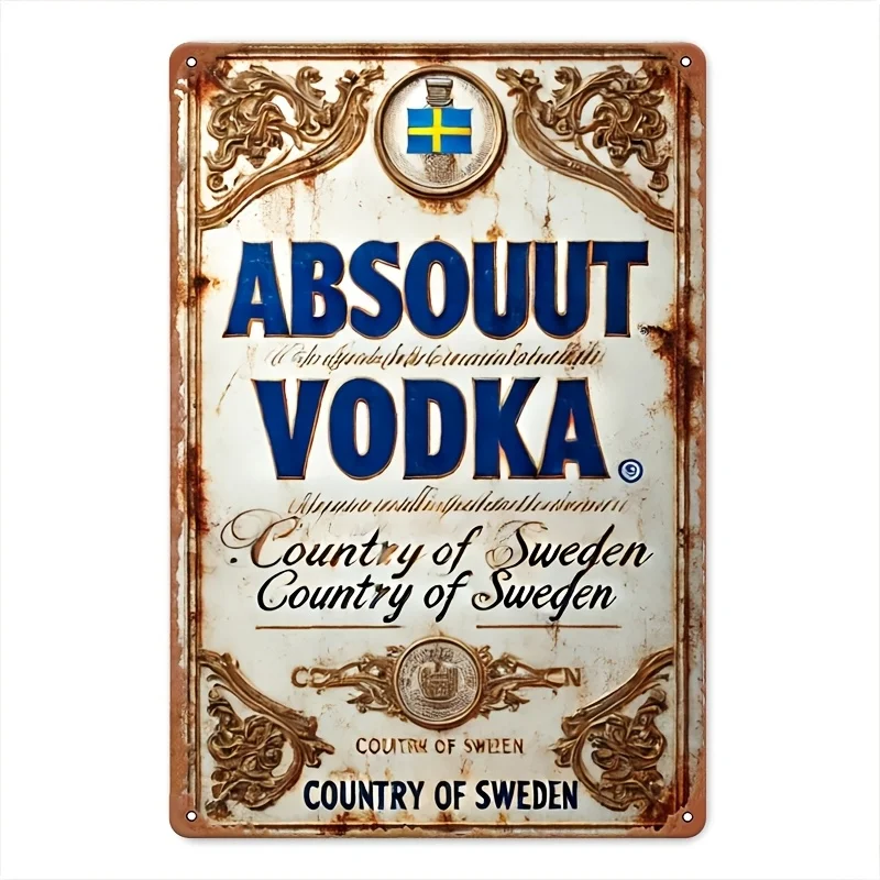 Vintage Swedish Vodka Sign in a Flat 2D Design, Measuring. This Rustic Wall Art Features an Ornate Border And Floral Patterns