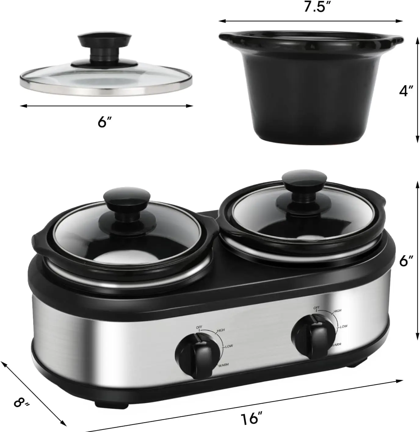 Dual Ceramic Slow Cooker Set 2 x 1.25qt Capacity Dishwasher Safe with 3 Cooking Modes Warm Function & Buffet Serving Feature