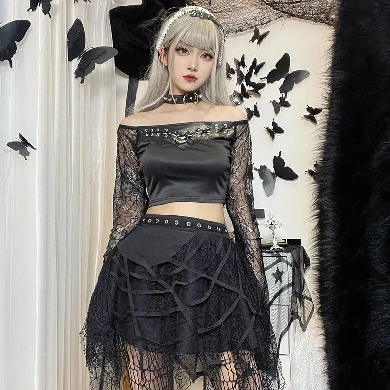 Dark Spider Printed Mesh Skirts Summer Women Gothic High Waist Ruffles Mini Skirt 2023 Gothic Clothing Black Sexy Streetwears