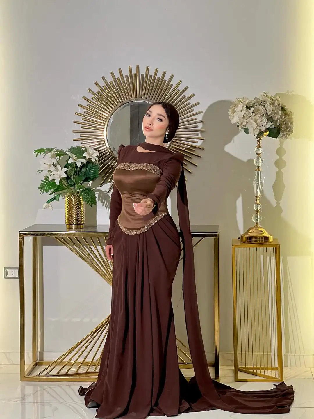 تصميم جديد مثير س الرقبة الديكور مشد ثنيات كامل الأكمام سليم حورية البحر فستان سهرة أنيق حفلة موسيقية فستان رسمي #5