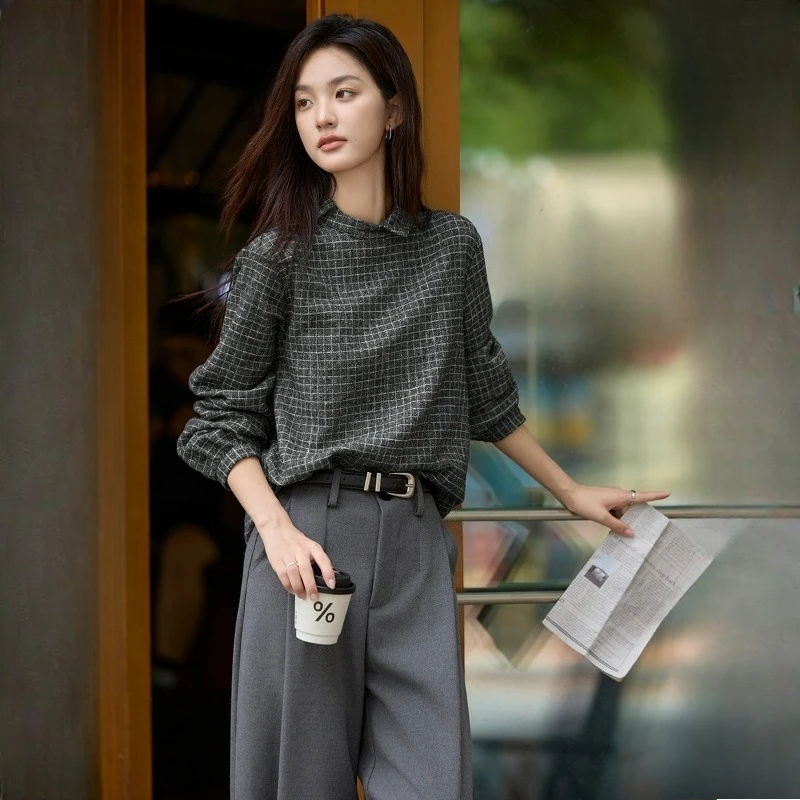 

Винтажные женские блузки, клетчатые повседневные рубашки, модная свободная весенне-осенняя одежда, корейские женские топы с длинными рукавами